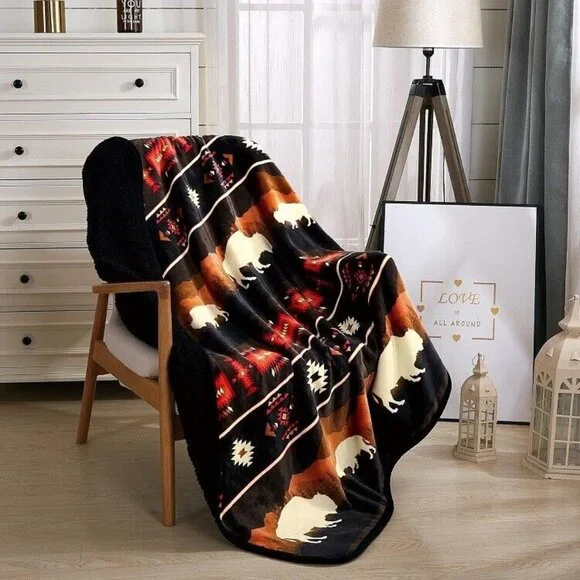 New Black Rustic Bison Buffalo Sherpa Plush Throw Gift Blanket Native American - Picture 2 of 5